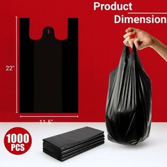 1/6 Large 22 x 6.5 x 11.5 BLACK T-Shirt Heavy Duty Plastic Grocery Shopping Bags