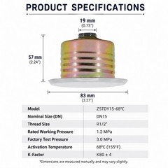 Concealed Pendent Fire Sprinkler Head DN15 R1/2 155°F 68°C K80 Cover Plate