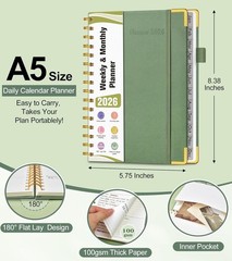 2026 Weekly /Monthly spiral planner, appointment book -5.75″ x 8.38″-green color