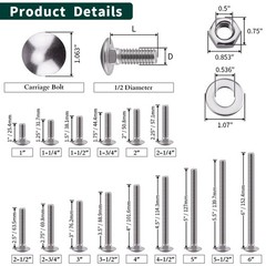 4 Sets 1/213×31/2 Inch Carriage Bolt Kit 304 Stainless Steel Hex Nut