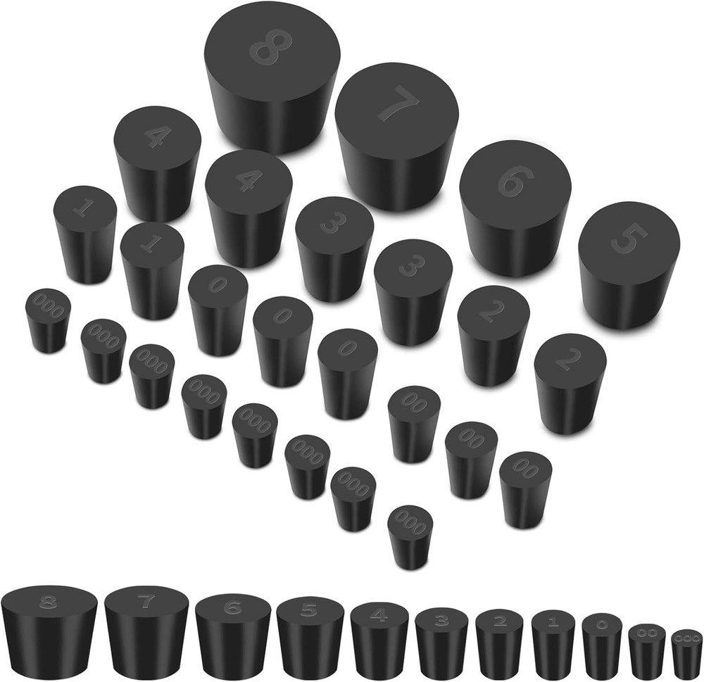 26pc Solid Rubber Stopper Set 11 Assorted Sizes #000 to #8 Lab Tube Pipe Plugs