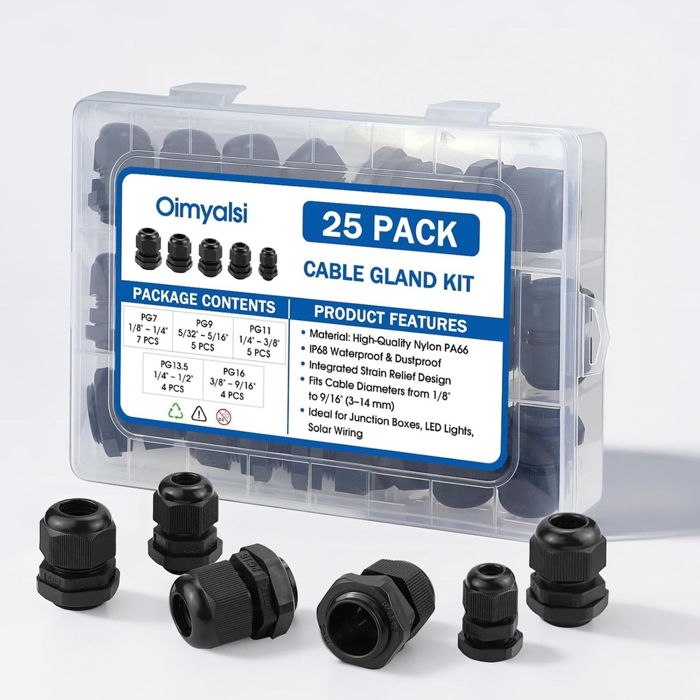 25-Pack Cable Gland Kit IP68 Waterproof Nylon Cord Grip PG7-PG16 Black