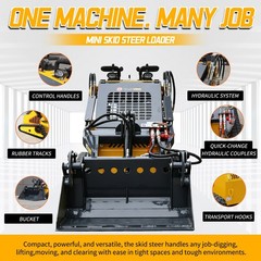 New 24HP Mini Skid Steer Loader 4-in-1 Bucket 3-Stage Pump Hydraulic System