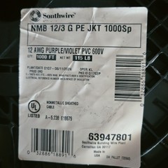 175 ft. 12/3 NMB w/ Ground Purple/Violet PVC Romex Southwire NM-B