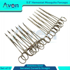 5.5in Hemostat Locking Mosquito Forceps Clamps | Cur+Str, Serrated | 12pc Lot