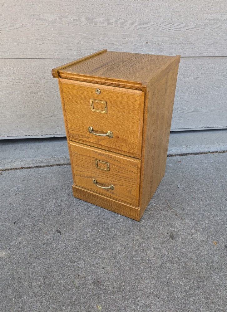 Vintage Industrial Mission Style Oak Wood Filing File Cabinet 2 Drawer Brass T52