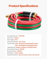 VEVOR Oxygen Acetylene Hose 1/4-Inch x 15FT T Hose 300PSI Max Working Pressure