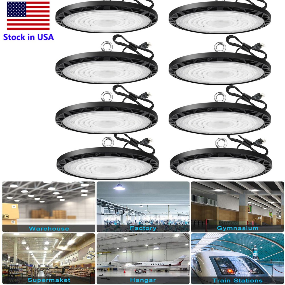100W UFO High Bay LED Lights 6000K with US Plug Commercial HighBay Lighting 8PCS