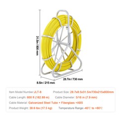 VEVOR Fish Tape Puller Fiberglass 600 ft 5/16 in Wire Cable Running Duct Rodder