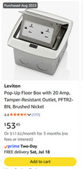 Leviton PFTR2-BN Brushed Nickel Pop-Up Floor Box TR Receptacle 20A-125V. NEW