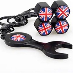 Mini Cooper Union Jack British Flag with 4pcs Tire Valve Stem Caps + Keychain Se