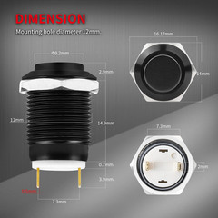 6Pcs 12V Momentary Push Button Switch Waterproof Black Metal 12Mm 1/2′