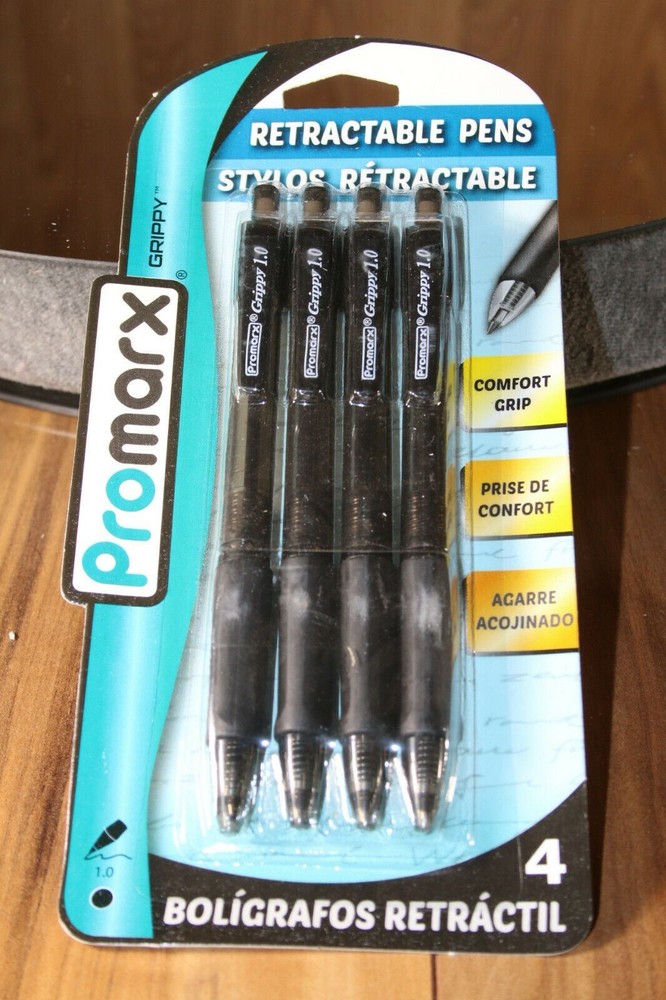 Pack of 4 Comfort Grip Ball Point Pens Black Ink Promarx Grippy 1.0 Retractable