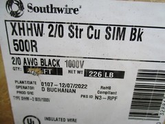 Free Ship, USA Made, 75′ 2/0 AWG Southwire Stranded Copper XHHW-2 Wire Black