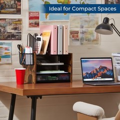 Wooden Desk Organizer, 4-Tier Mesh Desk Organizer with Drawer, Paper Tray & 5…