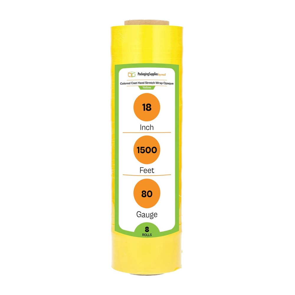 8 Rolls 18″ x 1500′ (80 Gauge) Cast Bundling Hand Stretch Wrap Film, Dark Yellow
