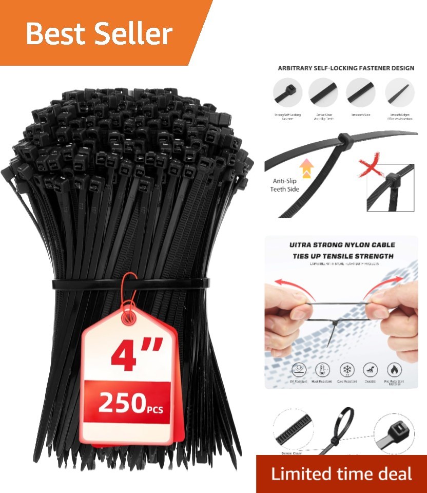 Reliable 18 lb Tensile Strength 250PCS Self-Locking Cable Ties – 4 Inch Black