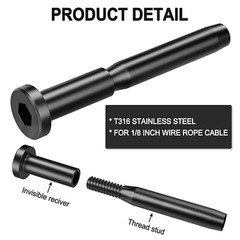 Black T316 Stainless Steel Swage Invisible Receiver End Fitting 3/16″ Cable rail
