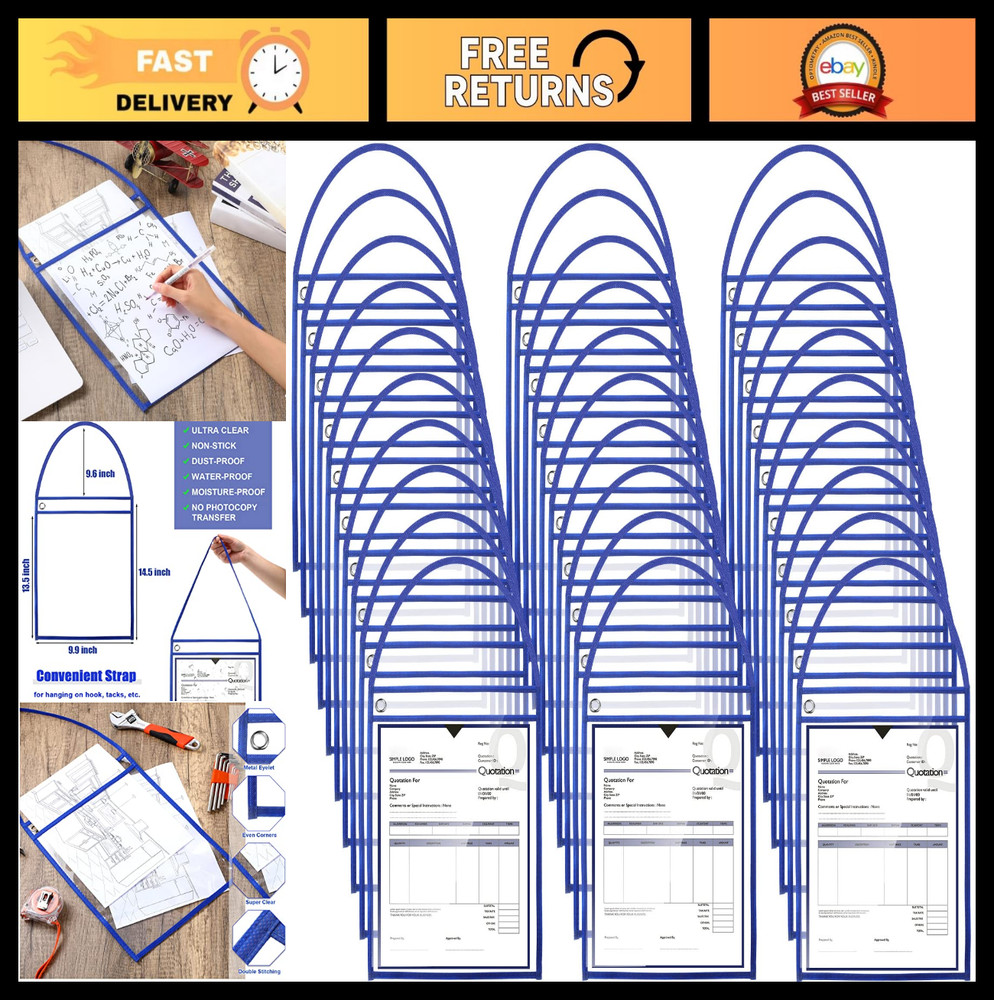 50 Pack Job Ticket Holders 9×12 Inch Clear Plastic Work Order Pockets with Strap