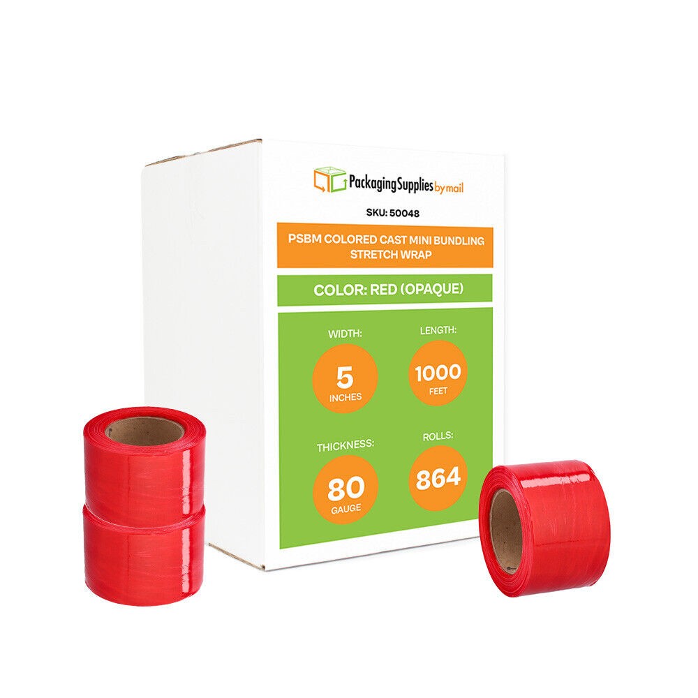 864 Rolls Narrow Banding Packing Stretch Wrap 5″x 1000′ 80 Gauge Red Shrink Flim