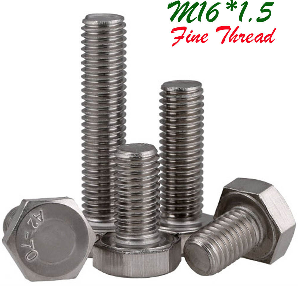 M16 1.5 Fine Thread 304 Stainless Steel Full Thread Hex Head Bolts Screws DIN933