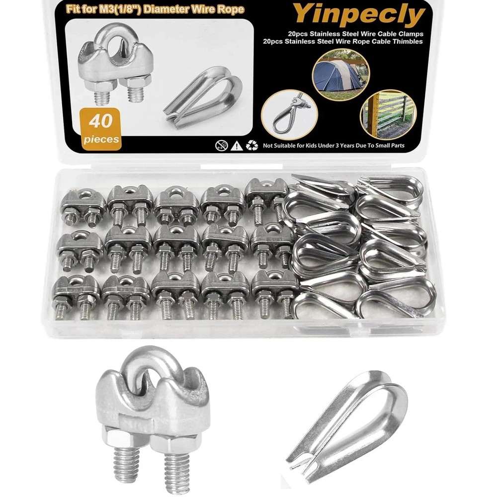 20Pcs 1/8” M3 Wire Rope Clamps 20Pcs M3 Wire Rope Thimble, 304 Stainless Steel
