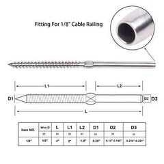 50 Right Left Handed 1/8″ T316 Stainless Steel Thread Swage Lag Screws for Wood