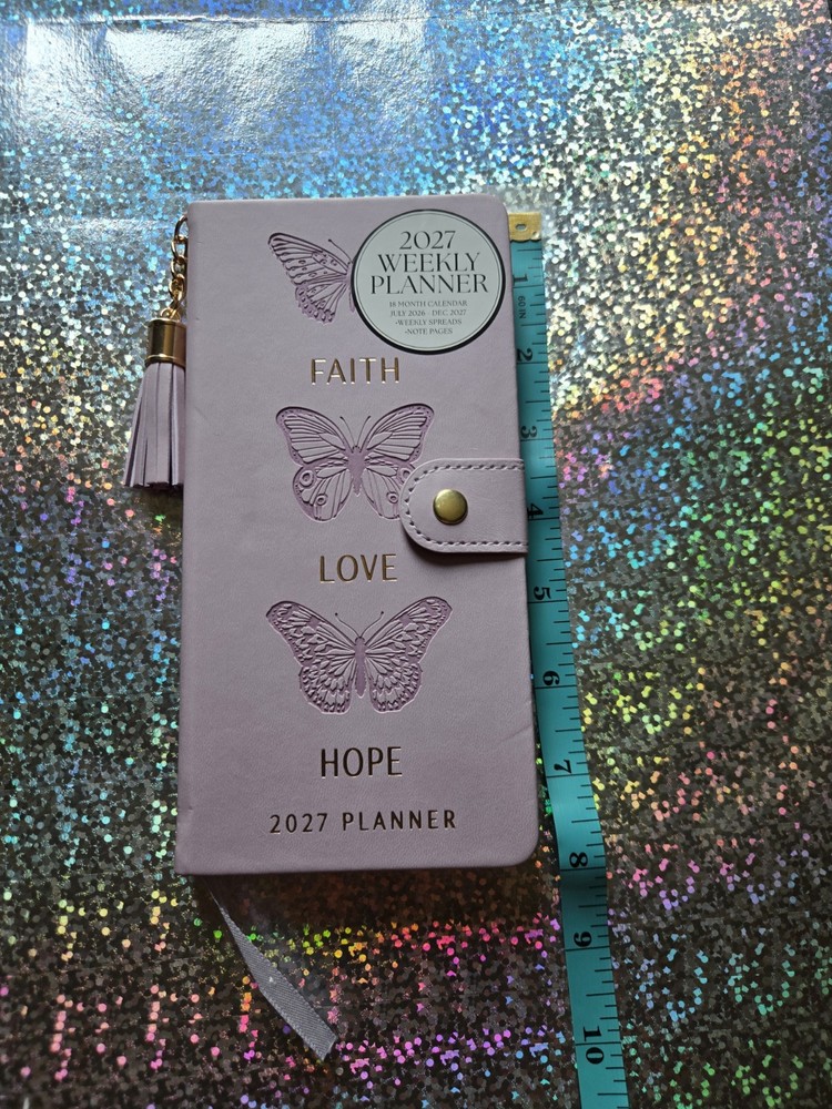 2027 Weekly Pocket Planner Faux Leather, Faith Love Hope Purple Butterfly Tassel