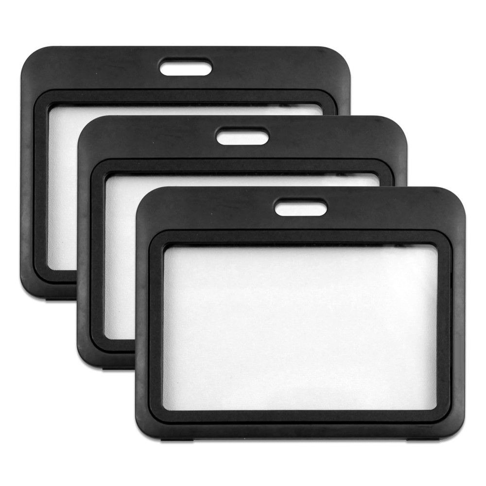 3-Pack Horizontal Hard Plastic ID Badge Holders – Double-Sided Black