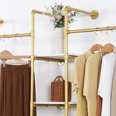 Gold Industrial Pipe Clothing Rack with Shelves – 4 Tier Steampunk Design
