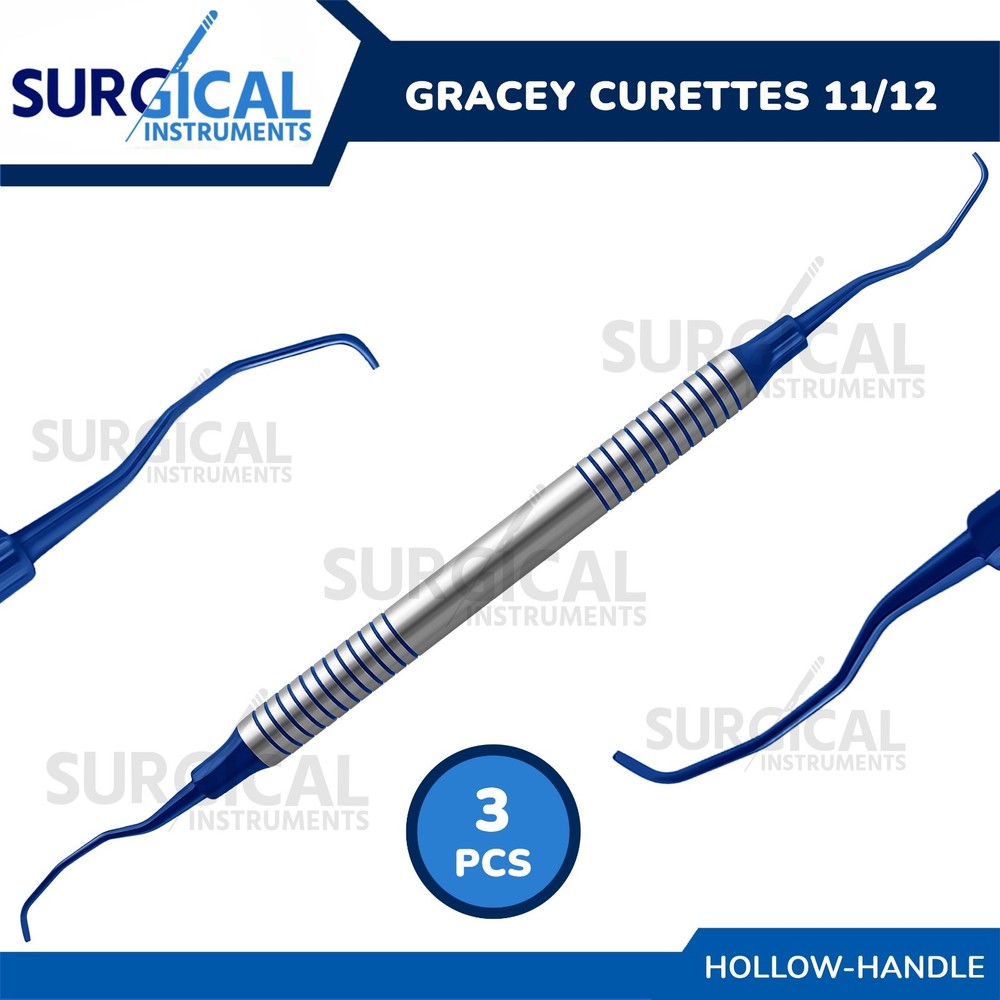 3 Pcs Gracey Curettes 11/12 Blue Tips W/Blue & Silver Hollow Handle German Grade