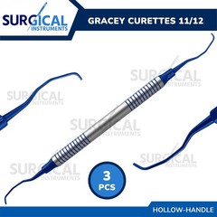 3 Pcs Gracey Curettes 11/12 Blue Tips W/Blue & Silver Hollow Handle German Grade