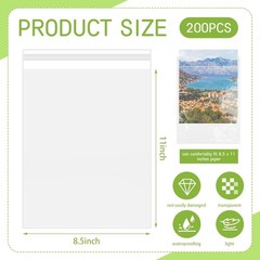 200 Pack 8.5 x 11 Inch Crystal Clear Sleeves Storage Bags, Letter Size Self S…