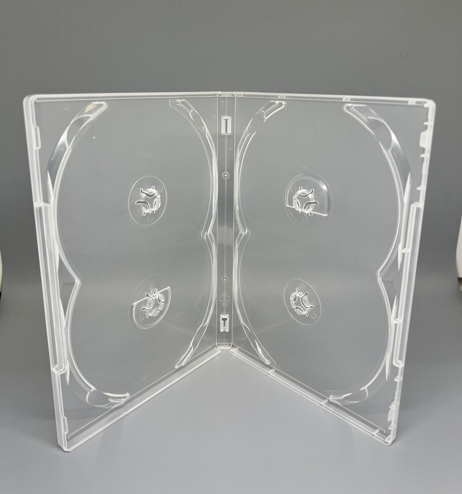 100 PCS NEW 14MM QUAD (4) DISC DVD CASE, SUPER CLEAR, OVERLAP HUB, PP-Q14-C-SLP