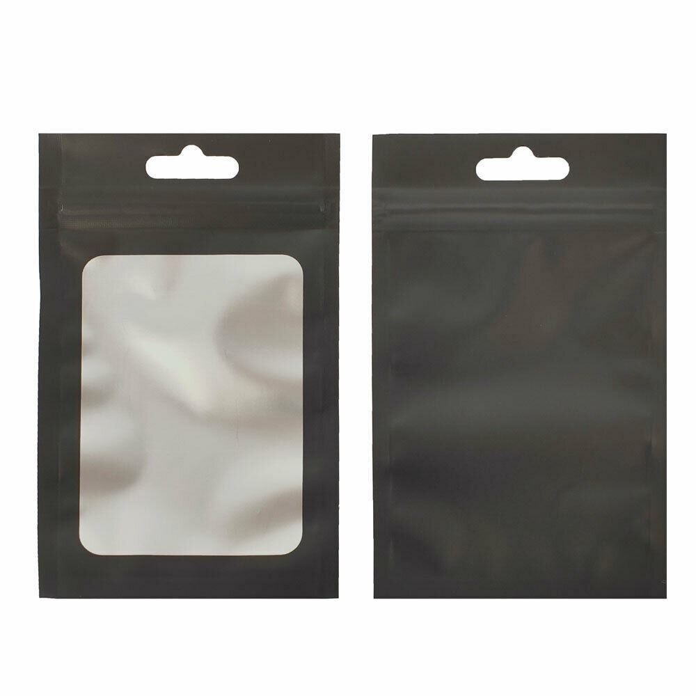 4x7in Black Matte Foil Mylar Flat Zip Seal Bag w/ Desiccant & Window & Euro Slot