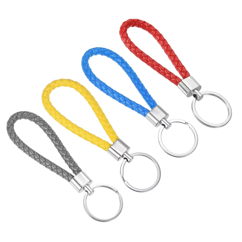 4 x Braided Leather Keychain PU Ring Woven Lanyard Strap Red Blue Yellow Gray