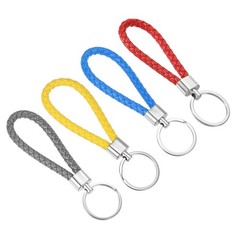 4 x Braided Leather Keychain PU Ring Woven Lanyard Strap Red Blue Yellow Gray