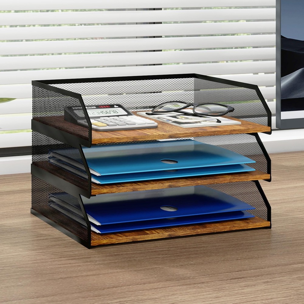 3-Tier Stackable Paper Tray, Metal Mesh Desktop Organizer, Paper Sorter, Lett…