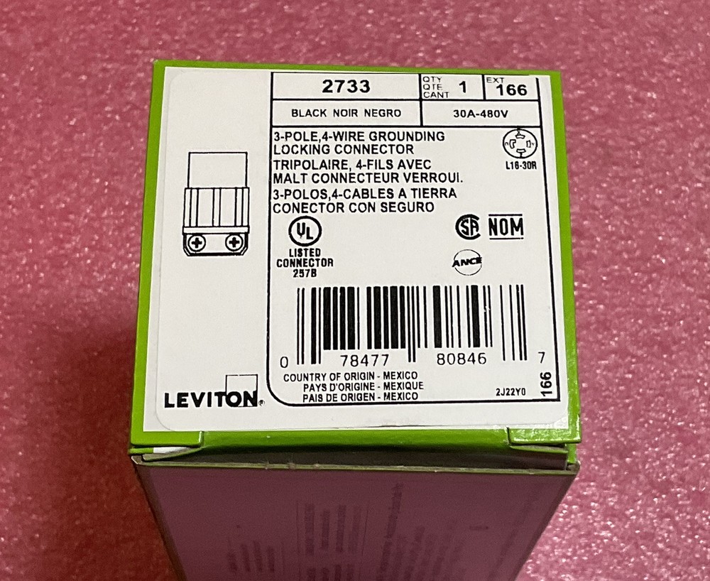 Leviton 2733 3-Pole 4-Wire Grounding Locking Connector, Nema L16-30R, 30A 480V