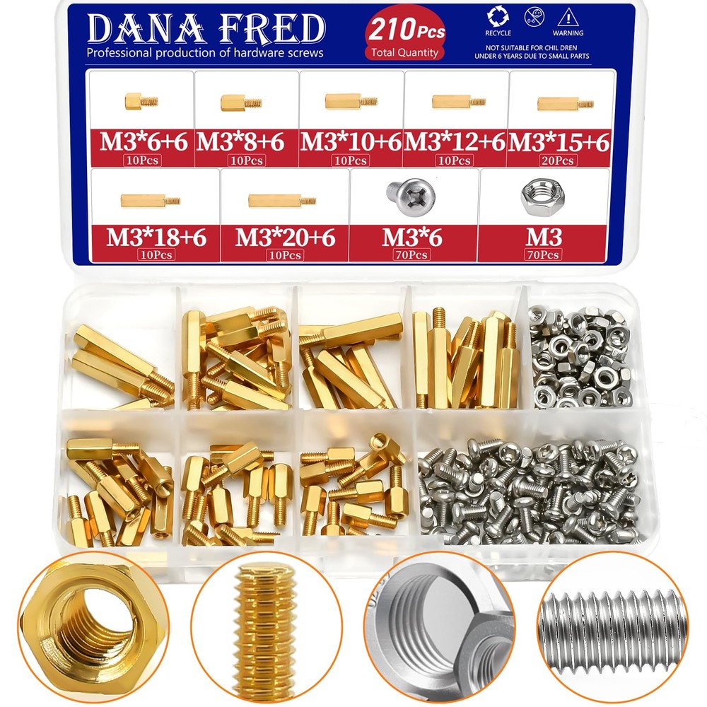 210PCS M3 Brass Male-Male Threaded Standoff Spacers Kit for PCB Circuit Boards