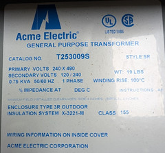 🤪 ACME .75 kVA TRANSFORMER 240/480 VAC HI 120/240 VAC LO 1Ø NEMA 3R T253009S