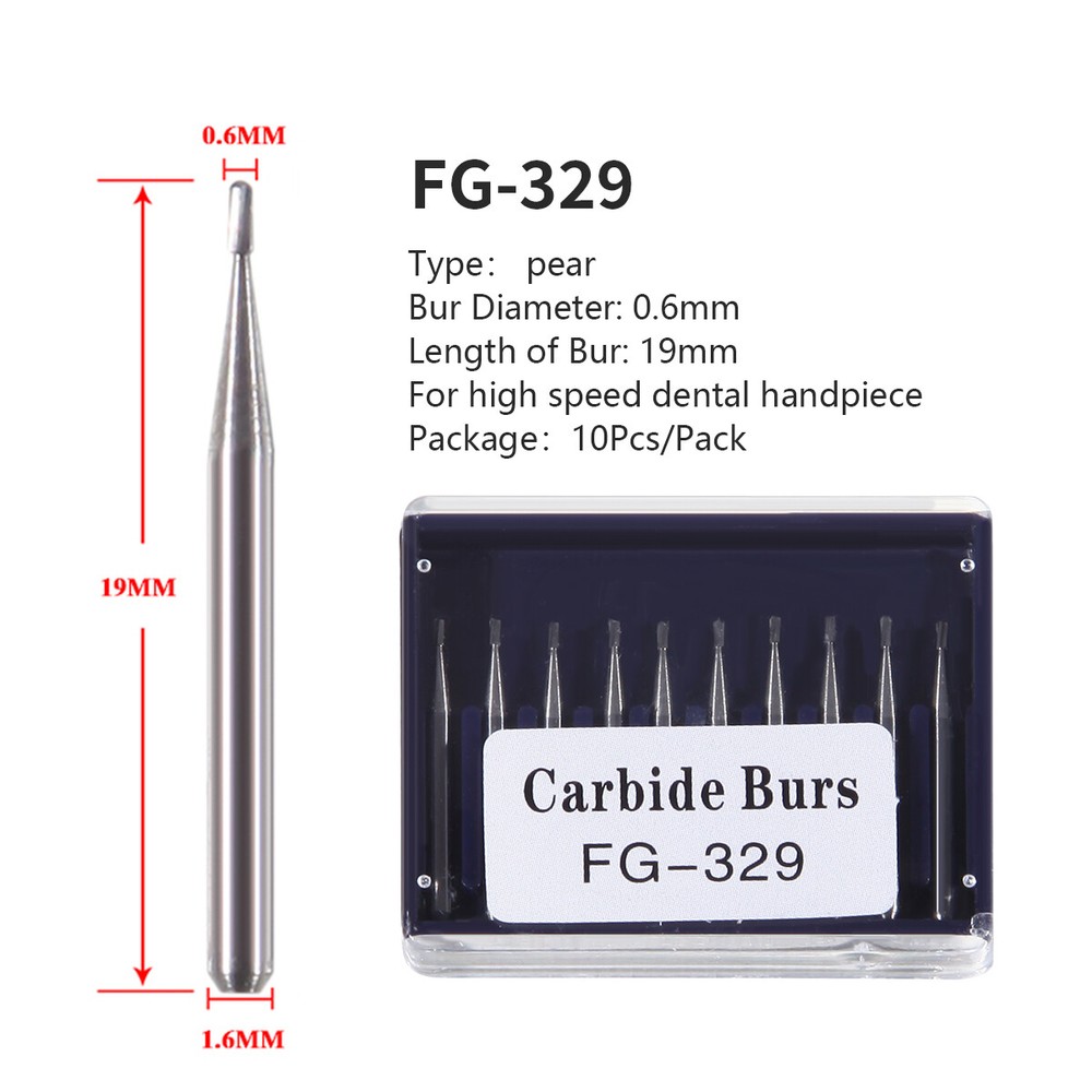 10pcs Dental Carbide Burs Pear-Shaped Type High Speed Tungsten Steel Bur FG329