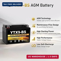 YTX9-BS 12V 9Ah AGM Sealed Motorcycle Battery, Maintenance-Free, Compatible with