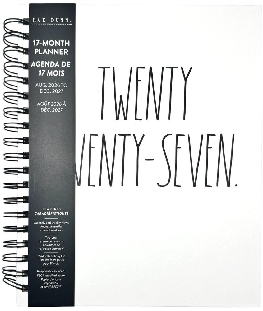2026 2027 Planner RAE DUNN Spiral Hard Cover 17-Month 2027 Black White LARGE