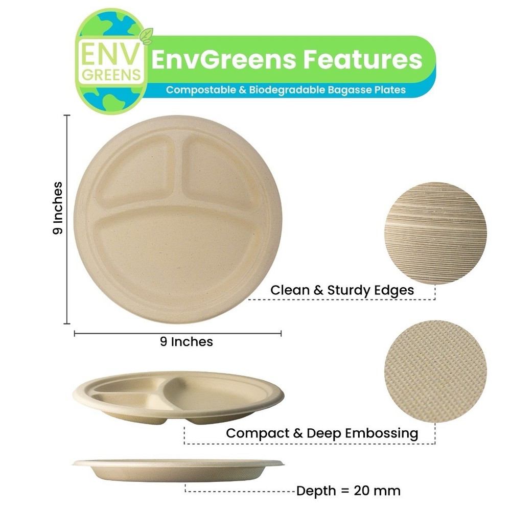 EnvGreens Organic Bagasse Plates 9” Round Compostable Biodegradable Plates