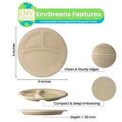 EnvGreens Organic Bagasse Plates 9” Round Compostable Biodegradable Plates
