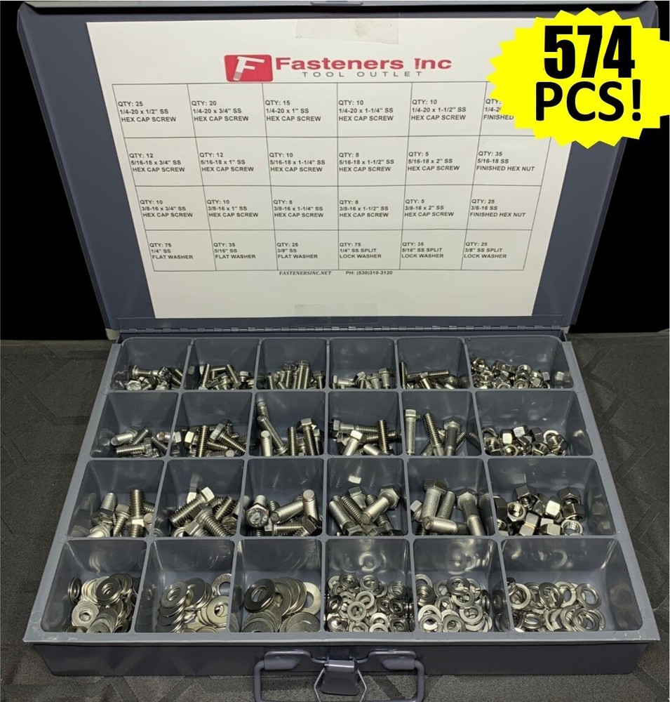 18-8 Stainless Steel Hex Cap Screw Bolt Nut Washer 304 Assortment Kit – 574 PCS!