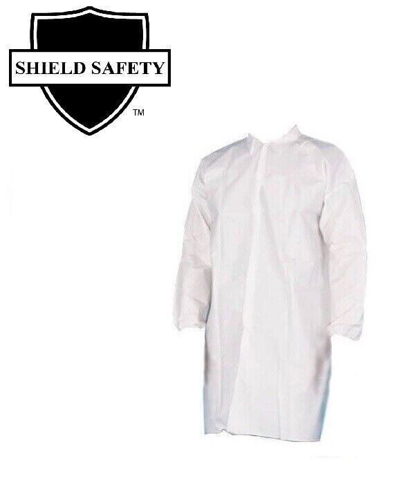50 Pieces Polypropylene 30G Lab Coats, White, Elastic Wrists, 4 Snaps – Medium