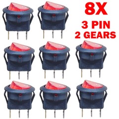 8x For SPST 3 Pin ON/OFF Round Rocker Switch With Red Neon Lamp 10A/125VAC USA