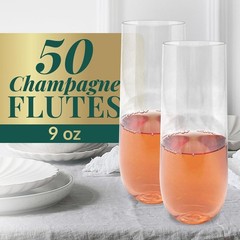 Champagne Flutes Plastic (50 Pack, 9oz) Clear, Stemless | Disposable Mimosa